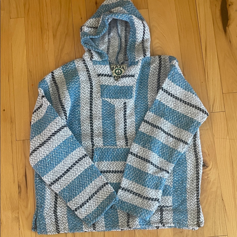 Authentic Vintage Baja Joe Blue and Gray Striped Men's Hoodie Sweater- S